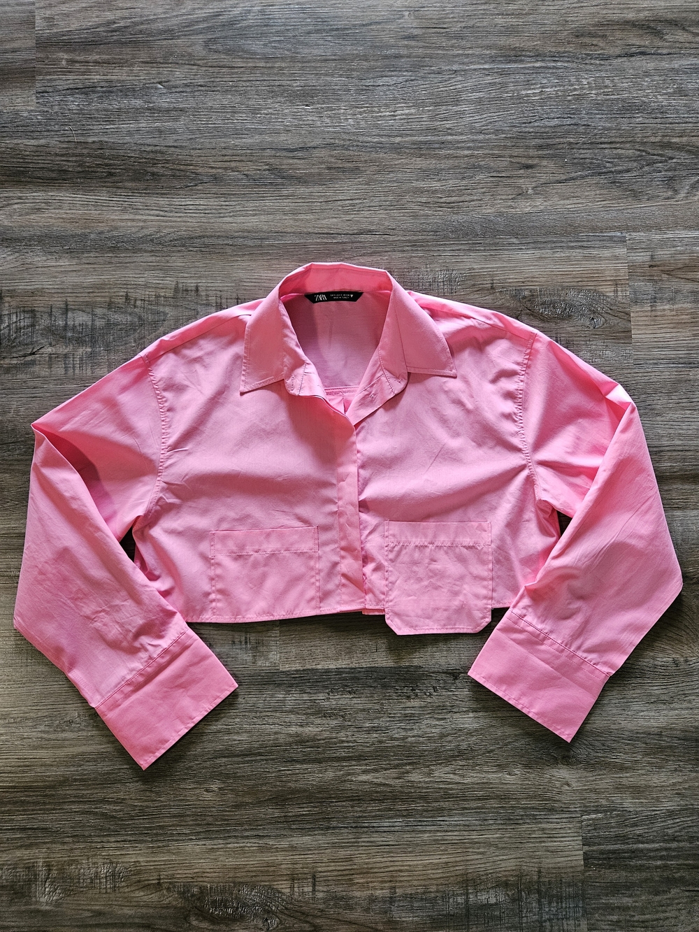 Zara Hot Pink Cropped Poplin Button Down Top